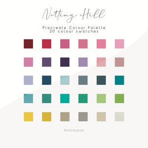 Może przedstawiać: Cyfrowa paleta kolor&oacute;w do Procreate o nazwie "Notting Hill" z 30 pr&oacute;bkami kolor&oacute;w. Kolory są ułożone w rzędach po pięć, zaczynając od ciemnej czerwieni i kończąc na jasnym beżowym.