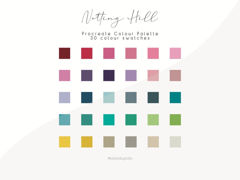 Może przedstawiać: Cyfrowa paleta kolor&oacute;w do Procreate o nazwie "Notting Hill" z 30 pr&oacute;bkami kolor&oacute;w. Kolory są ułożone w rzędach po pięć, zaczynając od ciemnej czerwieni i kończąc na jasnym beżowym.