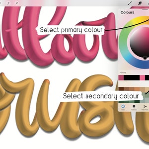 May include: A digital illustration of the word "all about" in pink and the word "crush" in yellow. The image shows a digital art program with a color wheel and a selection of colors. The text "Select primary color" is above the color wheel and the text "Select secondary color" is below the color wheel.
