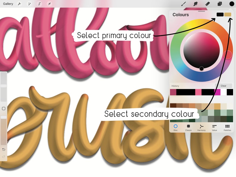 May include: A digital illustration of the word "all about" in pink and the word "crush" in yellow. The image shows a digital art program with a color wheel and a selection of colors. The text "Select primary color" is above the color wheel and the text "Select secondary color" is below the color wheel.