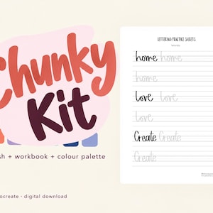 Procreate用チャンキーレタリングキット：ブラシ、ワークブック、サンゴ礁パレット