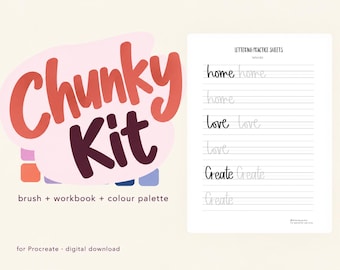 Chunky Lettering Kit für Procreate: Pinsel, Arbeitsbuch und Korallenriff-Palette
