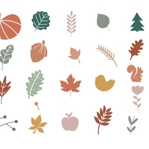 May include: A set of 20 autumn-themed illustrations in various shades of brown, green, and orange. The illustrations include leaves, acorns, a pumpkin, a bird, a squirrel, a tree, and an apple.