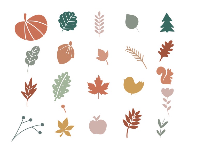 May include: A set of 20 autumn-themed illustrations in various shades of brown, green, and orange. The illustrations include leaves, acorns, a pumpkin, a bird, a squirrel, a tree, and an apple.