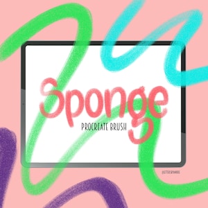 May include: A digital illustration of a tablet screen displaying the text "Sponge Procreate Brush" with colorful brush strokes around the tablet. The brush strokes are in shades of green, blue, and purple.