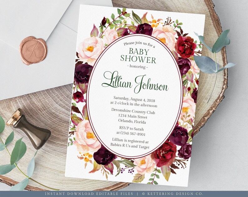 Burgundy Baby Shower Invitation Template Watercolor Floral Etsy