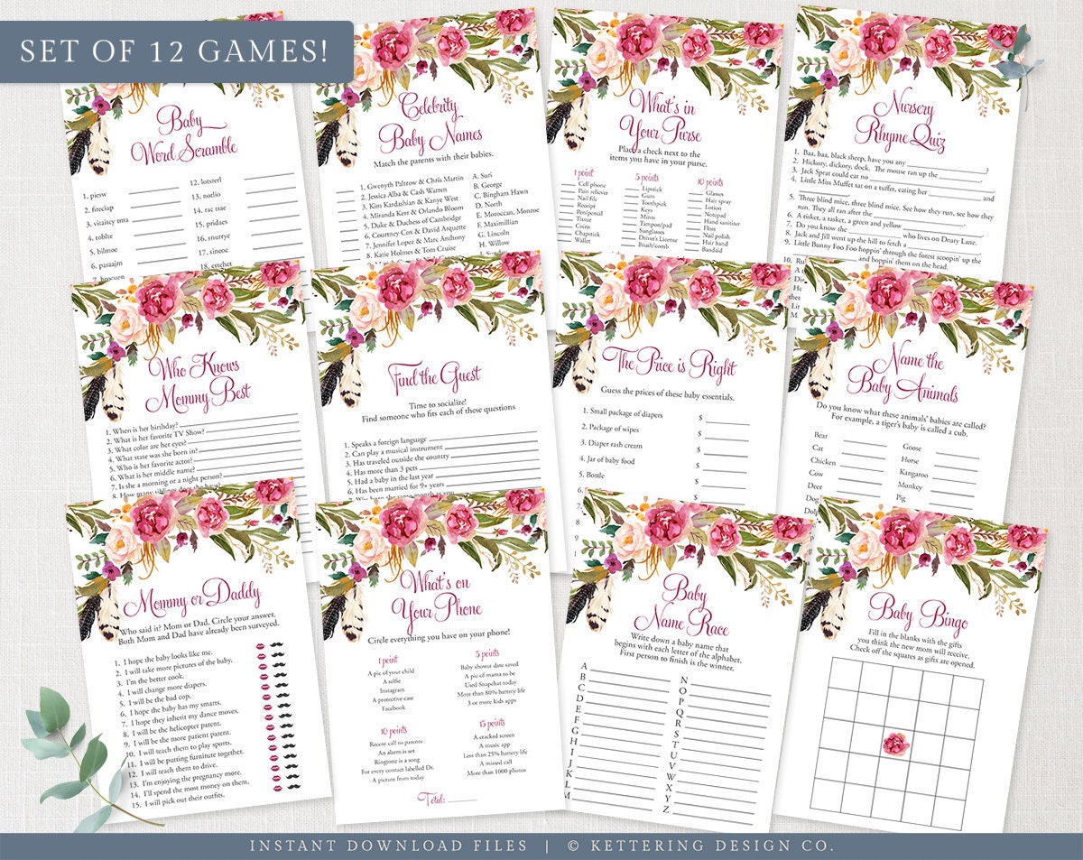 Baby Shower Games Set Of 12 Floral Baby Shower Games Bundle Etsy