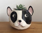 French Bulldog Puppy Succulent Planter with Drainage, Handmade Porcelain Pinch Pot