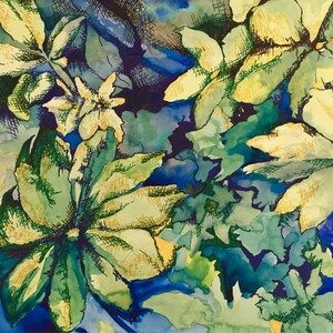 May include: Watercolor painting of yellow and green leaves on a blue background. The leaves are painted in a realistic style with visible brushstrokes. The background is a blend of blue, green, and purple hues.