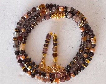 Necklace or bracelet made of gemstones, tourmaline, sunstone, Andean opal, freshwater pearls