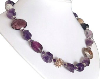 Necklace, statement necklace, amethyst raw stones, polished amethyst beads, silver spacers, Murano glass discs