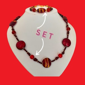 Pulsera de granate, collar de granate, conjunto de joyería rojo, cristal de Murano con pan de oro, pepitas de granate, rondelle de granate, conjunto de pulsera y collar imagen 3