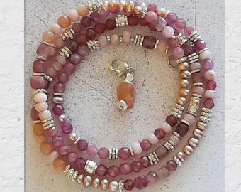 Bracelet OR necklace4 made of gemstones, tourmaline, sunstone, Andean opal, freshwater pearls