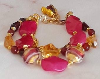 Multiple bracelet, 3-fold, multistrand made of gemstones, aventurine, garnet, citrine, Murano glass
