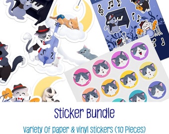 Cute Kitty Sticker Bundle - Variety of Cute Cat Themed Vinyl & Paper Stickers (10 pieces)