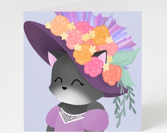 Mother's Day Card - Vintage Floral Hat Kitty - Greeting Card