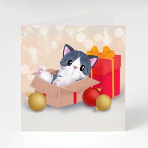 Tarjeta de felicitación navideña: gatito envuelto para regalo (tarjetas de felicitación navideñas, tarjeta navideña benéfica, tarjeta con un lindo perro)