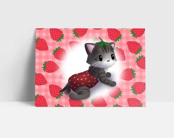 Impressão artística em miniatura A6 de gatinho morango