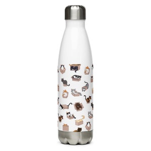 Puede incluir: Botella de agua de acero inoxidable blanca con un patr&oacute;n de gatos en cajas. Los gatos son de varios colores y est&aacute;n en diferentes poses.