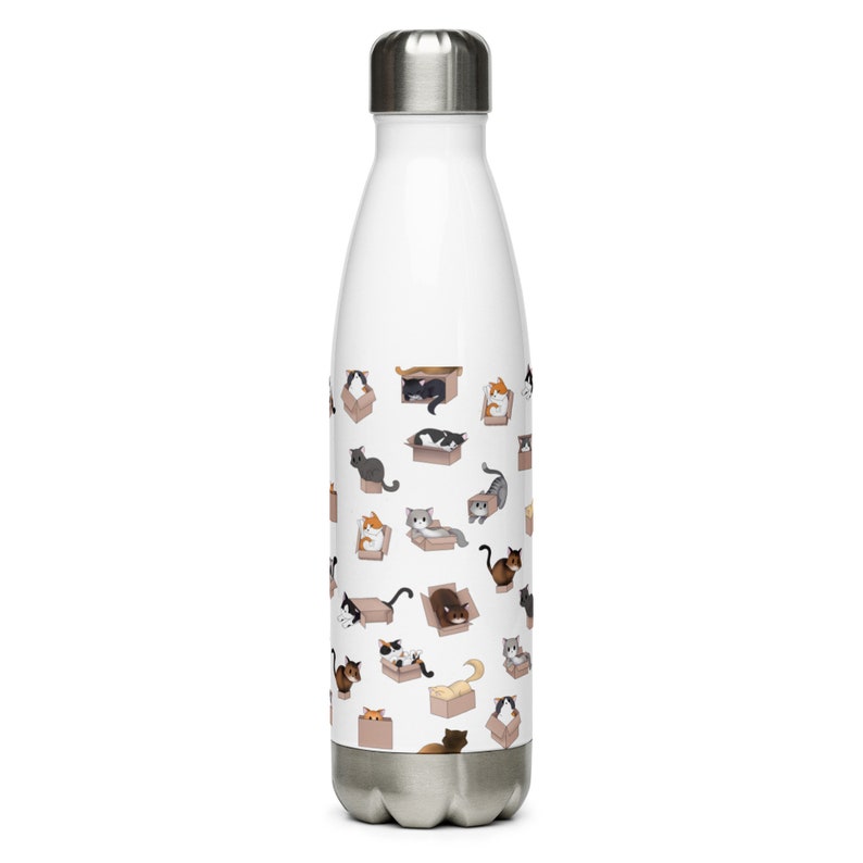 Puede incluir: Botella de agua de acero inoxidable blanca con un patr&oacute;n de gatos en cajas. Los gatos son de varios colores y est&aacute;n en diferentes poses.
