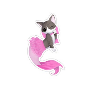 Purrmaid Aoife (Grey Tabby with Pink Mermaid Tail) - Vinyl Sticker