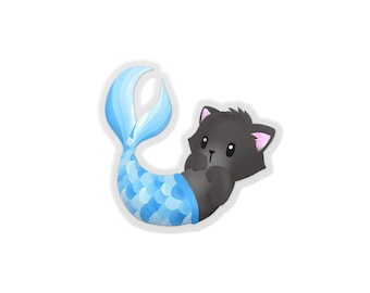 Purrmaid III - Adesivo de vinil (Gato preto com cauda de sereia azul)