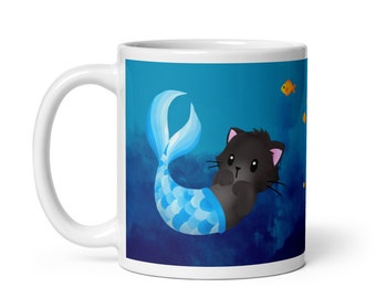 Taza Purrmaid III (Gato Negro con Cola Azul, Gato Sirena)