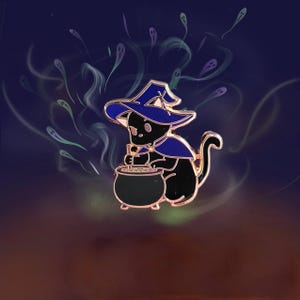 May include: A black cat wearing a blue witch's hat and a purple cape stirs a cauldron with a wooden spoon. Green smoke and wispy ghosts surround the cat.