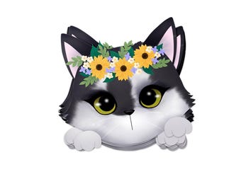 Phoebe the CH Kitty wearing floral crown - Vinyl Sticker