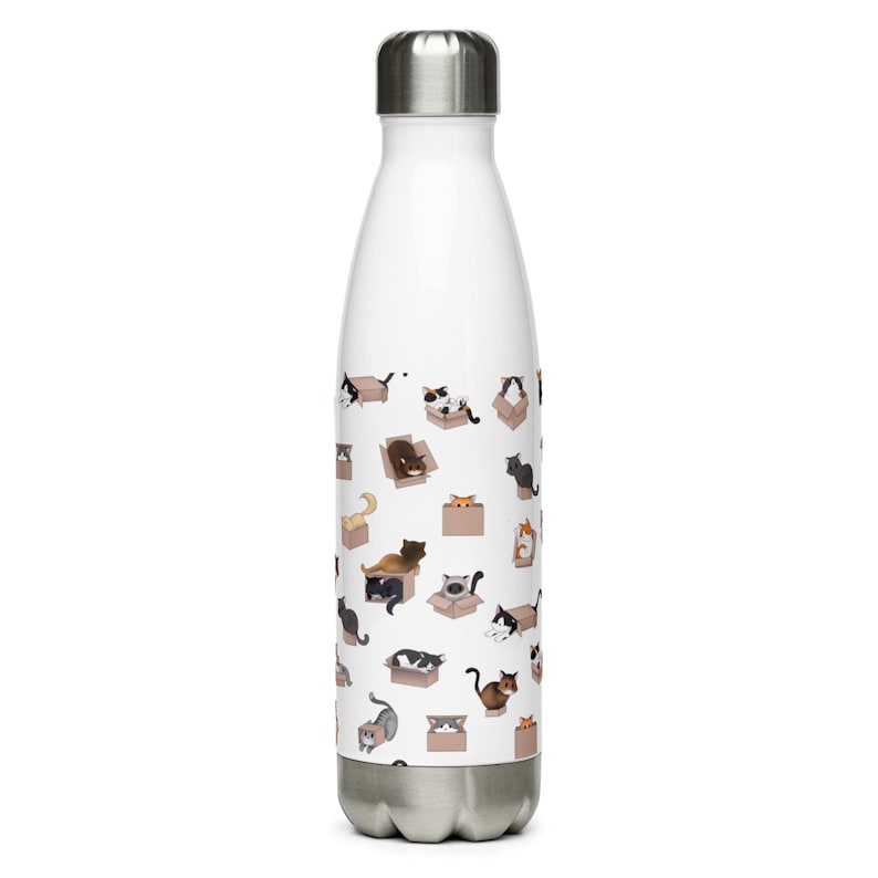 Puede incluir: Botella de agua de acero inoxidable blanca con un patr&oacute;n de gatos en cajas. Los gatos son de varios colores y est&aacute;n en diferentes poses.