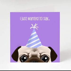 Tarjeta de felicitación de cumpleaños con sombrero de fiesta de Pug (con Farah Shufflebottom, la Pug con necesidades especiales), tarjeta de caridad, tarjeta de cumpleaños morada, amante de los perros