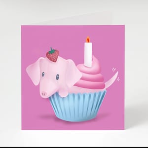 Schattige roze hond in cupcake, verjaardagswenskaart (feat. Knorretje de puppy), liefdadigheidskaart