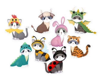 Kitties in Costume Mini Sticker Set - Set of 8 Small Vinyl Cat Stickers