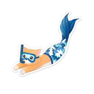 Purrman Reecie - Purrmaid of the Month, May 2022 (Ginger Tabby with Blue Camo Mermaid Tail, Scubadiving, Scuba Mask) - Vinyl Sticker