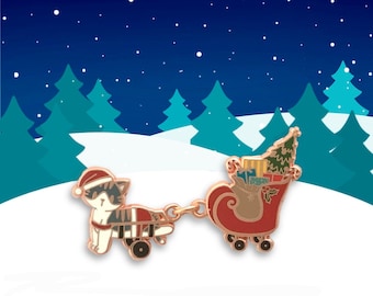 Weihnachtsmann-Pin mit Emaille-Motiv – Katze mit besonderen Bedürfnissen und Schlitten