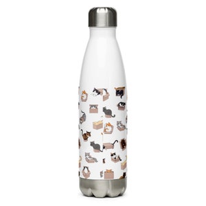 Puede incluir: Una botella de agua de acero inoxidable blanca con un patr&oacute;n de gatos en cajas. Los gatos son de varios colores y est&aacute;n en diferentes poses.