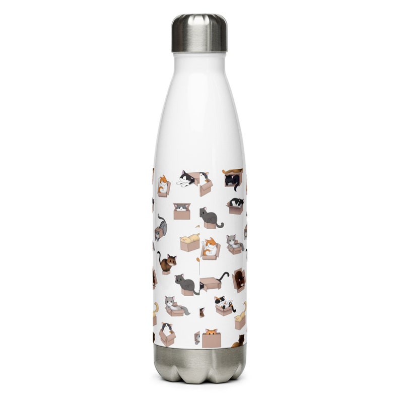 Puede incluir: Una botella de agua de acero inoxidable blanca con un patr&oacute;n de gatos en cajas. Los gatos son de varios colores y est&aacute;n en diferentes poses.
