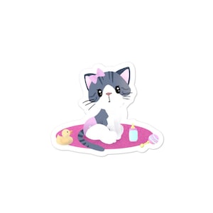 Baby Kitty auf rosa Matte - Vinyl Aufkleber, Baby Mädchen, Katze mit speziellen Bedürfnissen