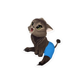 Puede incluir: Una ilustración de dibujos animados de un gato marrón y gris que lleva un pañal azul. El gato tiene ojos grandes y redondos y una expresión de sorpresa.