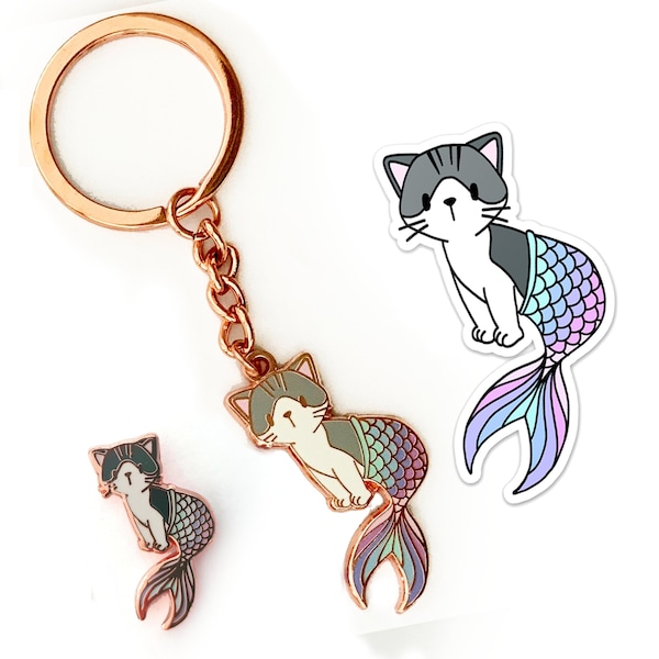 Pastel Purrmaid Set (Enamel Pin, Keychain & Sticker)