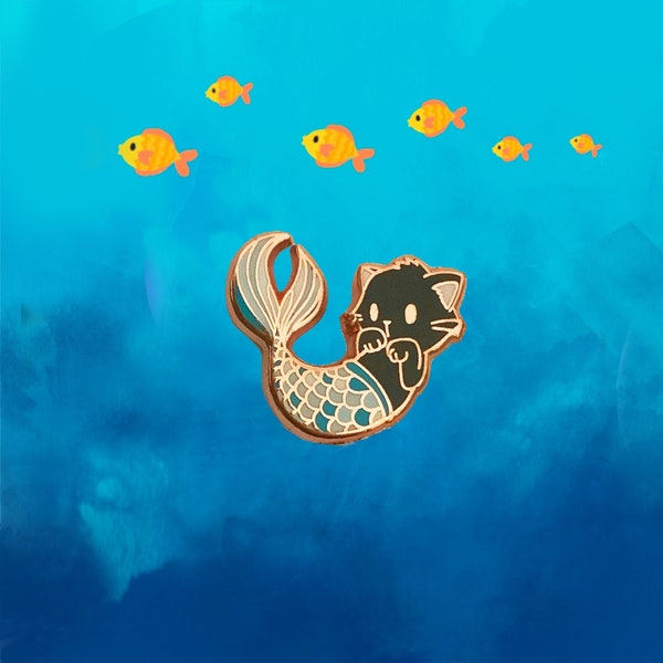 Purrmaid III - Small Enamel Pin (Black Cat with Blue Mermaid Tail, Kawaii Lapel Pin)