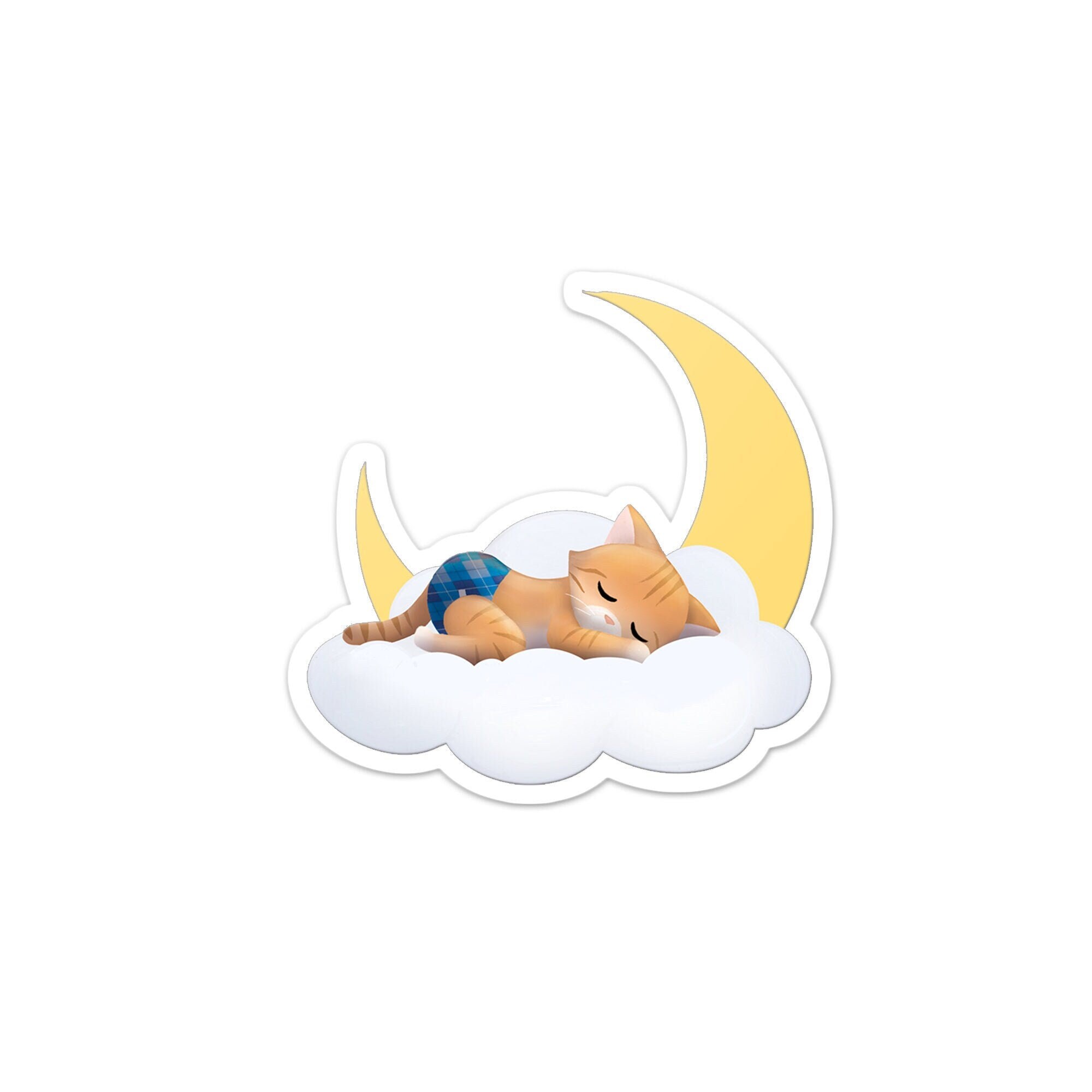 Sleeping Kitties - Reecie - Vinyl Sticker, Sleeping Ginger Tabby Cat on Cloud with Moon