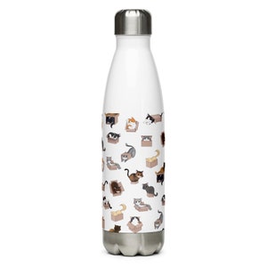 Puede incluir: Botella de agua de acero inoxidable blanca con un patr&oacute;n de gatos en cajas. Los gatos son de varios colores y est&aacute;n en diferentes poses.