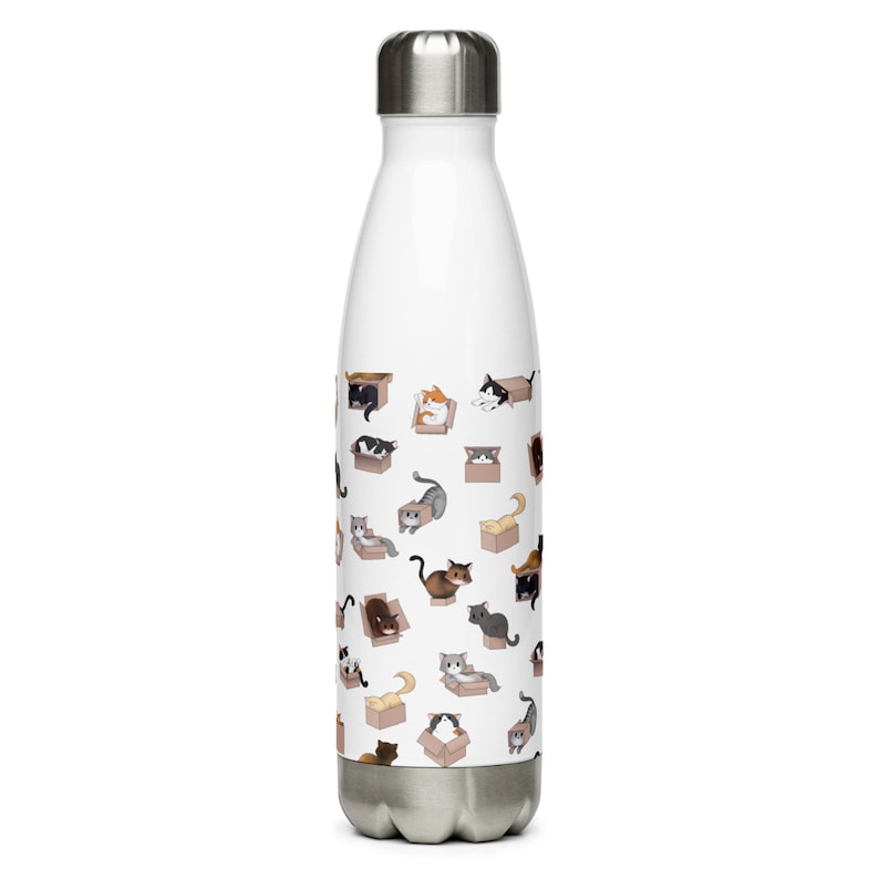 Puede incluir: Botella de agua de acero inoxidable blanca con un patr&oacute;n de gatos en cajas. Los gatos son de varios colores y est&aacute;n en diferentes poses.