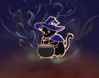 Halloween Black Cat Enamel Pin – Witch Hat, Witches Brew Cauldron