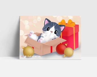Cute Xmas Kitty in a Gift Box A6 Mini Art Print