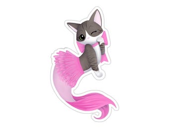 Purrmaid Aoife (Grey Tabby com cauda de sereia rosa) - Adesivo de vinil
