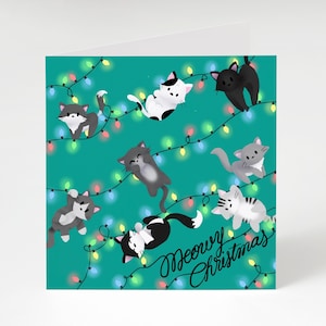 Holiday Greeting Card - Xmas Light Kitties (Christmas Greeting Cards, Charity Christmas Card, Cute Dog Card)