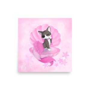 May include: A pink and gray cat with a pink tail and a pink seashell. The cat is wearing a pink tutu and is sitting inside the seashell. The background is pink with white dots and starfish.