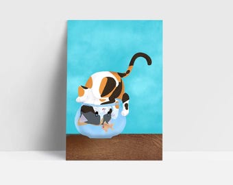 ジニーの釣り三毛猫ポストカード – デジタルイラストアートプリント（A6サイズ）